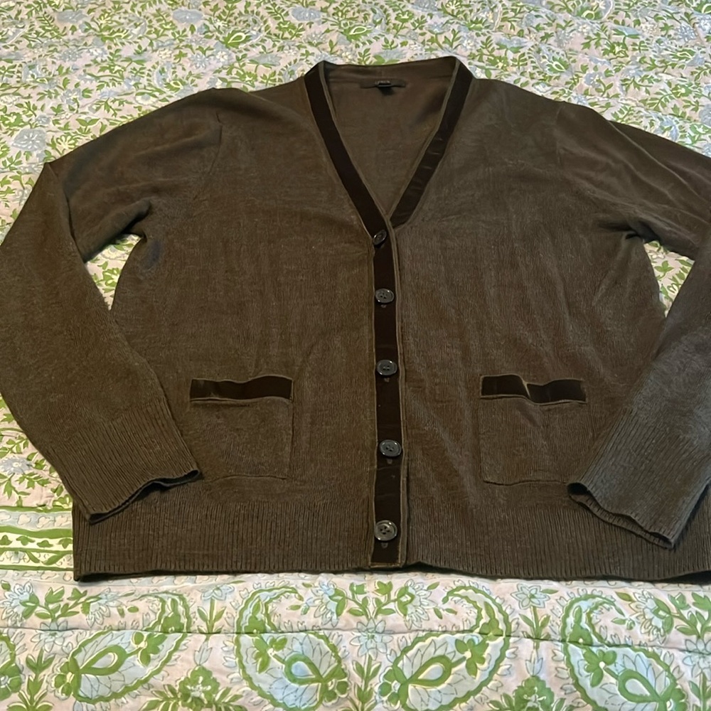 Jcrew cardigan. Olive green with velvet ribbon borders